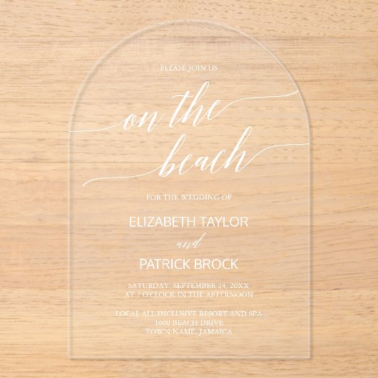 Elegante Calligraphy Arch White Boho Beach Wedding Acryleinladungen (Vorderseite)
