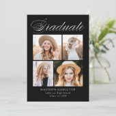 Elegante Calligraphy Black 4 Foto Graduation Party Einladung (Stehend Vorderseite)