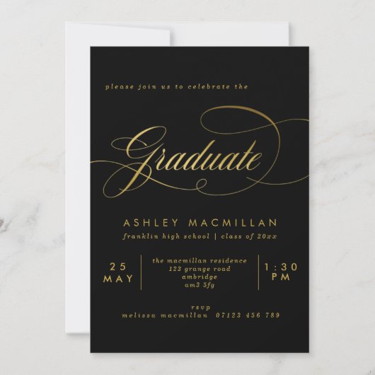 Elegante Calligraphy Black & Gold Graduation Party Einladung (Vorderseite)