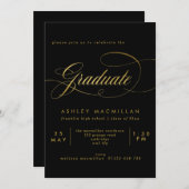 Elegante Calligraphy Black & Gold Graduation Party Einladung (Vorne/Hinten)