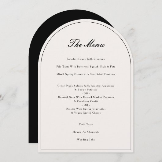 Elegante Calligraphy Black Wedding Dinner Menu Car Einladung (Vorne/Hinten)