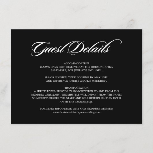 Elegante Calligraphy Black Wedding Guest Details Begleitkarte (Vorderseite)