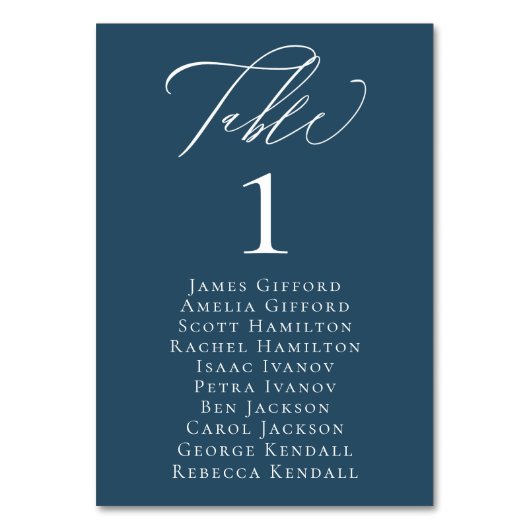 Elegante Calligraphy Blue Seating Tischnummer Card (Vorderseite)