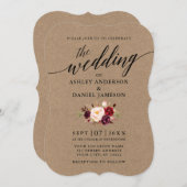 Elegante Calligraphy Burgundy Floral Kraft Wedding Einladung (Vorne/Hinten)