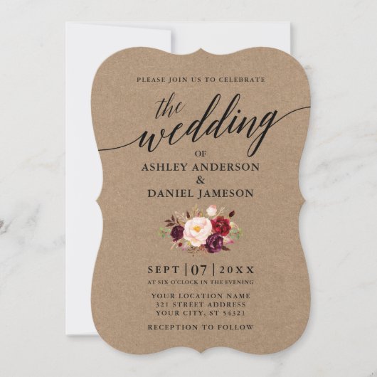 Elegante Calligraphy Burgundy Floral Kraft Wedding Einladung (Vorderseite)