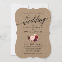 Elegante Calligraphy Burgundy Floral Kraft Wedding