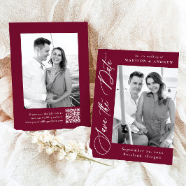 Elegante Calligraphy Burgundy Foto QR Code Wedding Save The Date