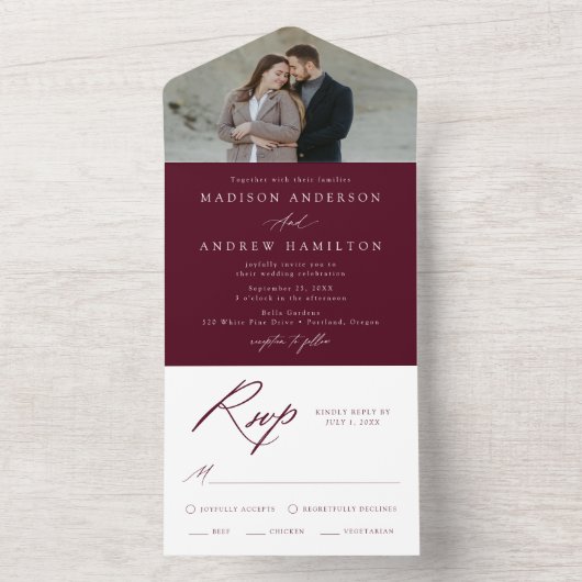 Elegante Calligraphy Burgundy Foto Wedding All In One Einladung (Innen Boden)