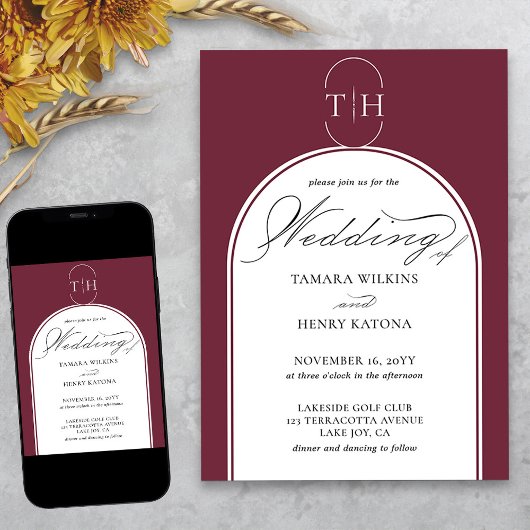 Elegante Calligraphy Burgundy Mit Monogramm Weddin Einladung