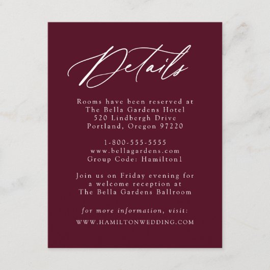 Elegante Calligraphy Burgundy Wedding Details Begleitkarte (Vorderseite)