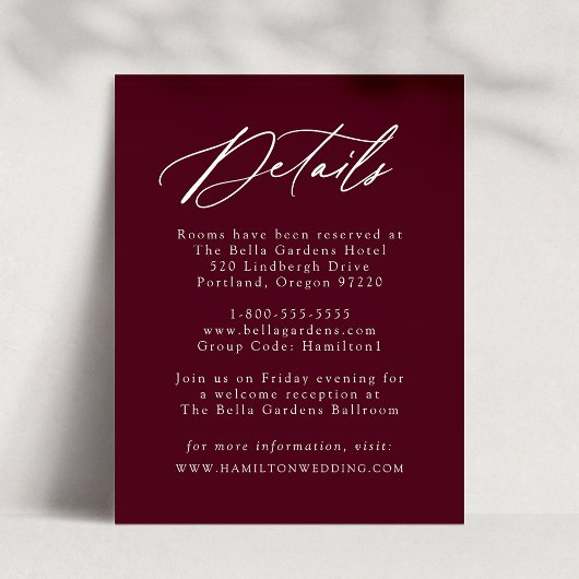 Elegante Calligraphy Burgundy Wedding Details Begleitkarte