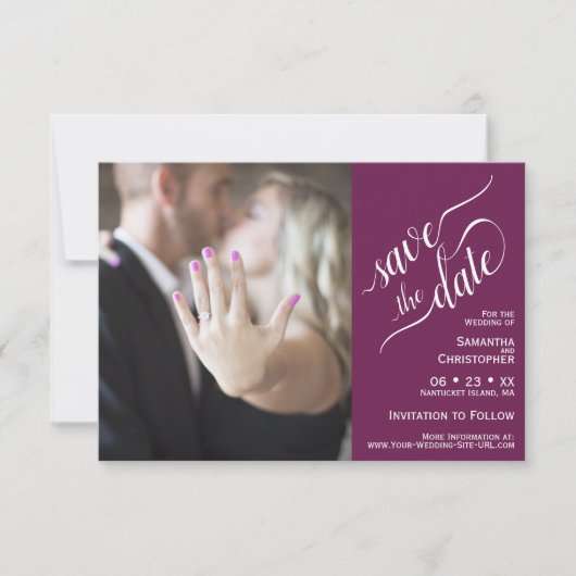 Elegante Calligraphy Cassis 2 Pane Foto Wedding Save The Date (Vorderseite)