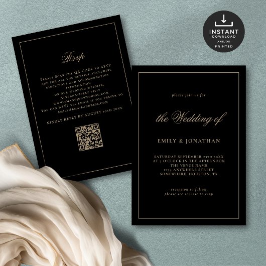 Elegante Calligraphy Champagne Gold Black Wedding Einladung
