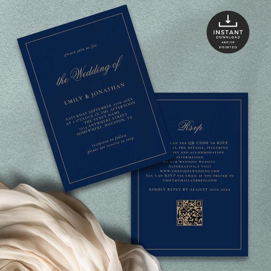 Elegante Calligraphy Champagne Gold Navy Hochzeit Einladung