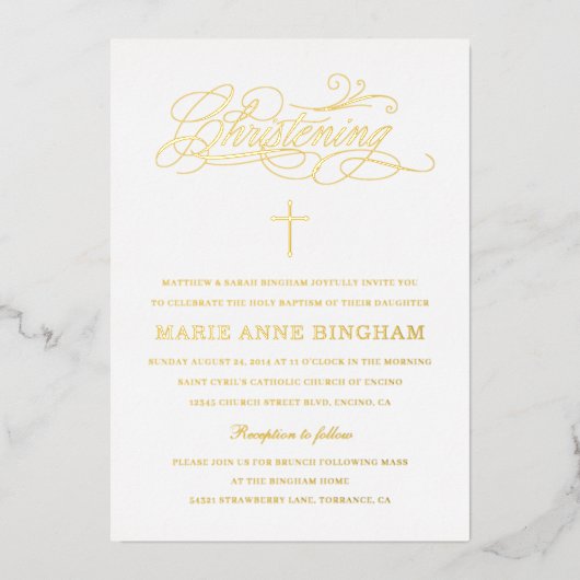 Elegante Calligraphy Christening Gold Folieneinladung (Vorderseite)