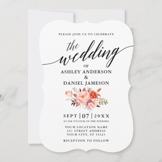 Elegante Calligraphy Coral Floral Wedding Einladung (Vorderseite)