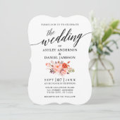 Elegante Calligraphy Coral Floral Wedding Einladung (Stehend Vorderseite)