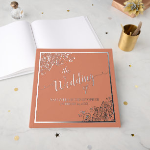 Elegante Calligraphy Coral & Silver Foil Wedding Gästebuch