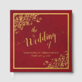 Elegante Calligraphy Crimson Red Gold Foil Wedding Gästebuch (Vorderseite)