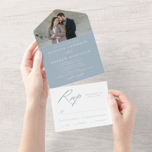 Elegante Calligraphy Dusty Blue Foto Wedding All In One Einladung (Abreißen)