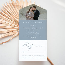 Elegante Calligraphy Dusty Blue Foto Wedding All In One Einladung
