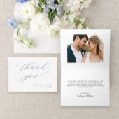 Elegante Calligraphy Dusty Blue Foto Wedding Dankeskarte