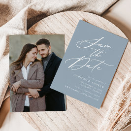 Elegante Calligraphy Dusty Blue Foto Wedding Save The Date