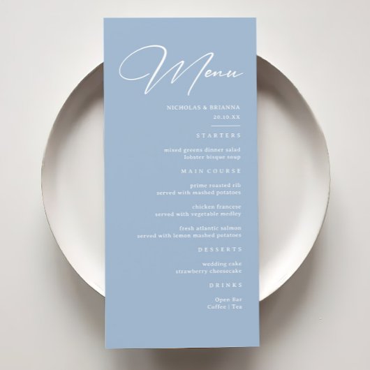 Elegante Calligraphy Dusty Blue Wedding Menükarte