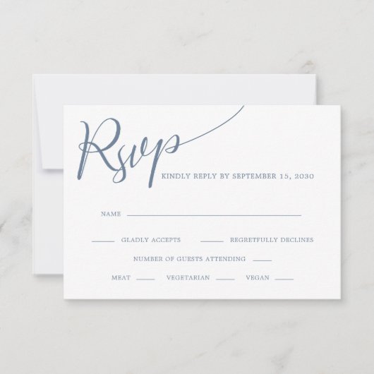 Elegante Calligraphy Dusty Blue Wedding RSVP Karte (Vorderseite)