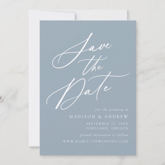 Elegante Calligraphy Dusty Blue Wedding Save The Date (Vorderseite)