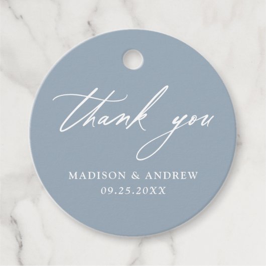 Elegante Calligraphy Dusty Blue Wedding Vielen Dan Geschenkanhänger (Vorderseite)