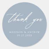 Elegante Calligraphy Dusty Blue Wedding Vielen Dan Runder Aufkleber (Vorderseite)