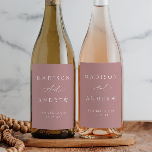 Elegante Calligraphy Dusty Rose Wedding Weinetikett