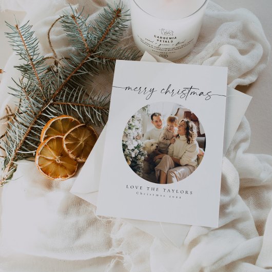 Elegante Calligraphy Family Foto Weihnachtskarte Feiertagskarte