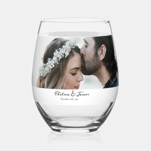 Elegante Calligraphy Foto Wedding Party Weinglas Ohne Stiel (Vorderseite)