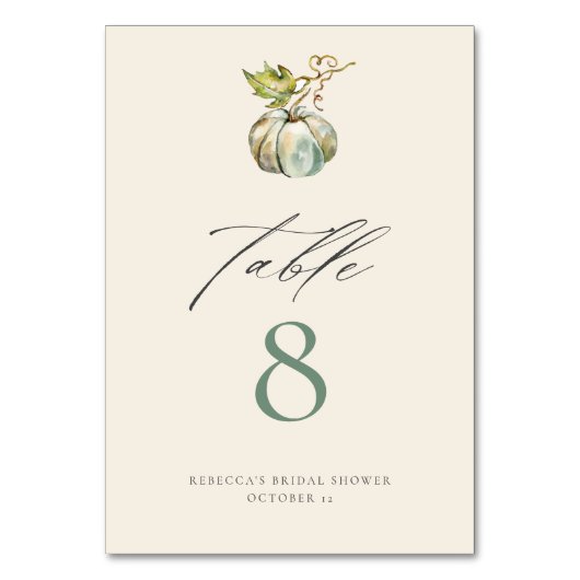 Elegante Calligraphy Green Fall Pumpkin Wedding Tischnummer (Rückseite)