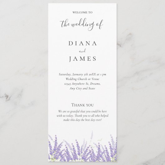Elegante Calligraphy Lavender Blume Wedding Programm (Vorderseite)