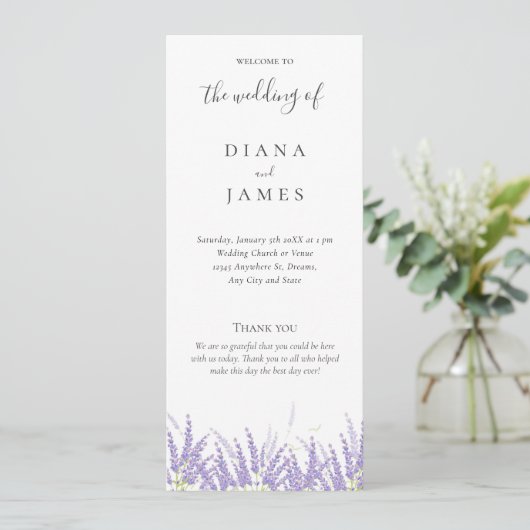Elegante Calligraphy Lavender Blume Wedding Programm (Stehend Vorderseite)