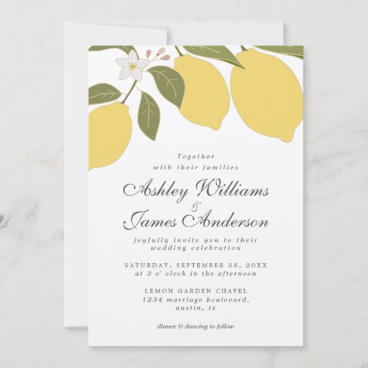 Elegante Calligraphy Lemon Theme Wedding Einladung (Vorderseite)