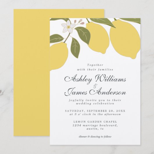 Elegante Calligraphy Lemon Theme Wedding Einladung (Vorne/Hinten)