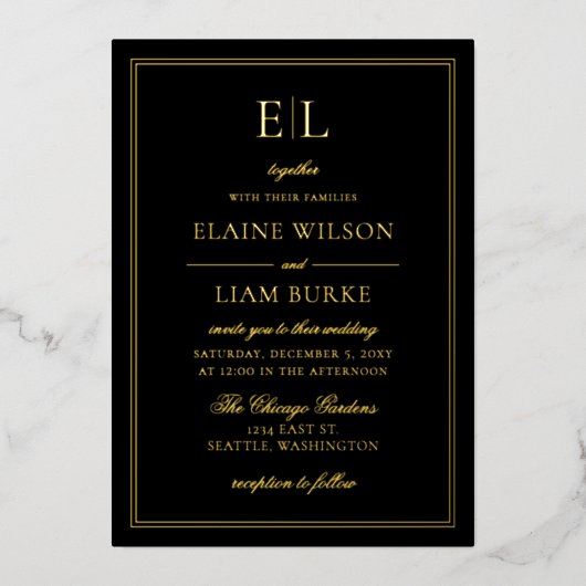 Elegante Calligraphy Luxe Black Gold Wedding Foil Folieneinladung (Vorderseite)