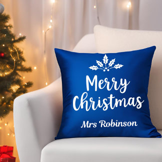 Elegante Calligraphy Merry Christmas Blue Custom Kissen