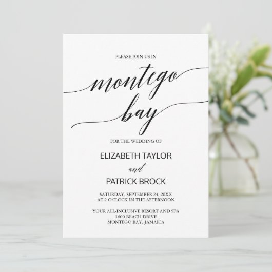 Elegante Calligraphy Montego Bay Wedding Einladung (Stehend Vorderseite)