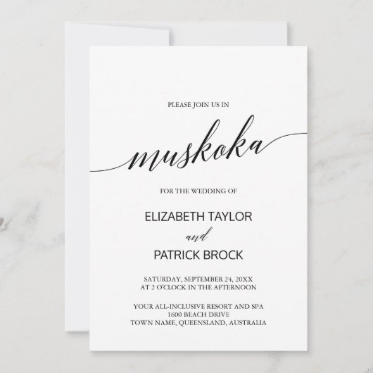 Elegante Calligraphy Muskoka-Hochzeit in Urlaubsor Einladung (Vorderseite)