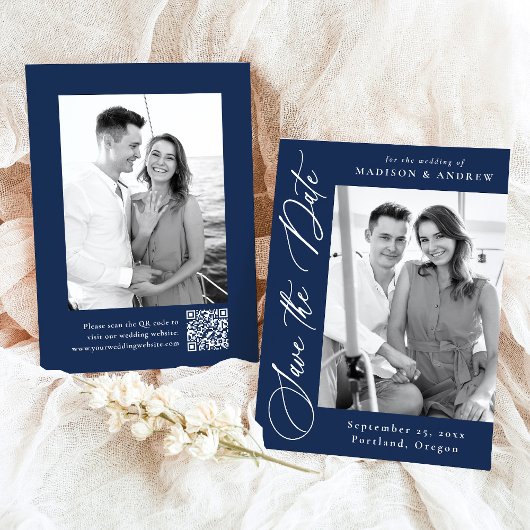 Elegante Calligraphy Navy 2 Foto QR Code Wedding Save The Date