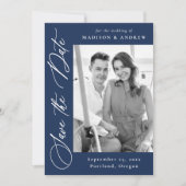 Elegante Calligraphy Navy 2 Foto QR Code Wedding Save The Date (Vorderseite)