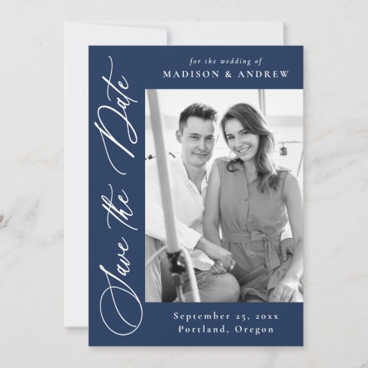 Elegante Calligraphy Navy 2 Foto QR Code Wedding Save The Date (Vorderseite)