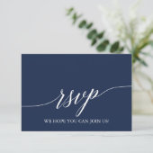 Elegante Calligraphy Navy Blue Website RSVP Card (Stehend Vorderseite)