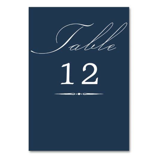 Elegante Calligraphy Navy Blue Wedding Tischnummer (Vorderseite)