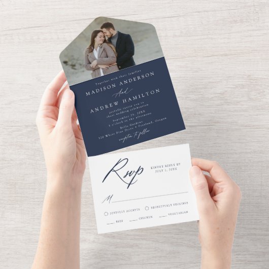 Elegante Calligraphy Navy Foto Hochzeit All In One Einladung (Abreißen)